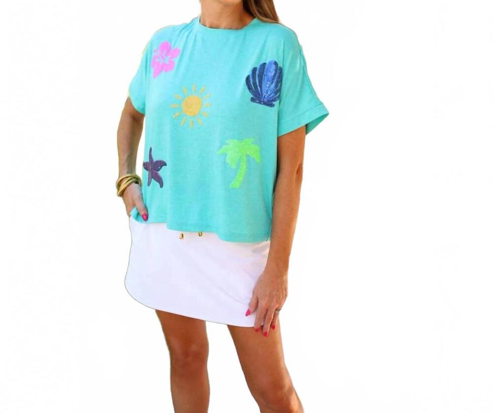 NEW JESS LEA set sail sequin patch top in turquoise
